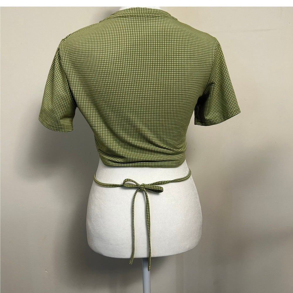 Le Lis Gingham Wrap Tie Crop Top Fitted Green Small Y2K Retro Baby Tee - Picture 3 of 9